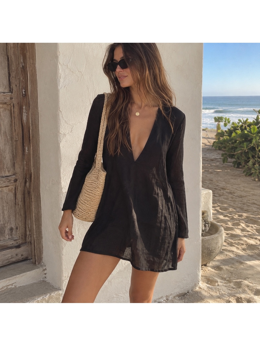 Reformation Black Linen V-Neck Mini Dress — Size S